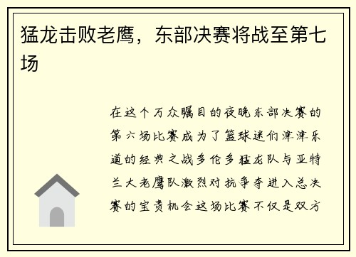 猛龙击败老鹰，东部决赛将战至第七场